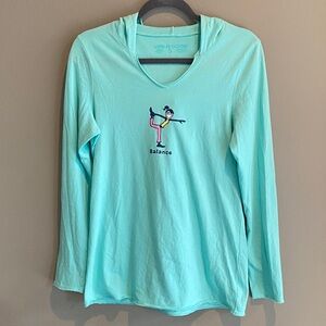 Life Is Good Women's Long Sleeve Hooded Tee in Aqua with Multicolor Graphic